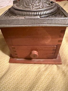 Vintage Wood Coffee Grinder with Embossed Metal Top - Brown & Silver